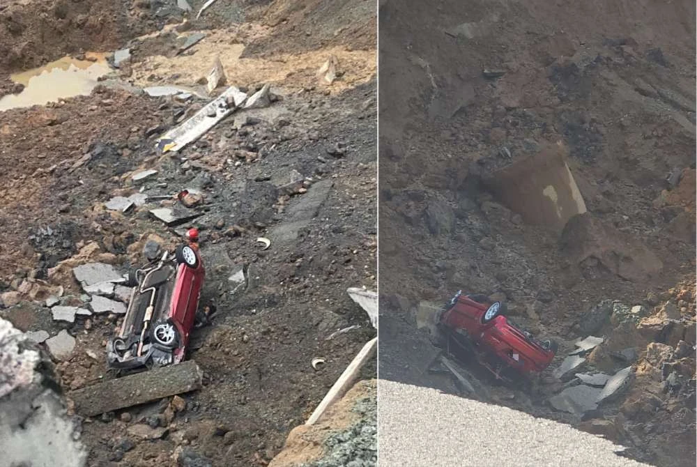 Keadaan kereta jenis Proton Satria Neo dipandu remaja berusia 19 tahun terjatuh ke dalam gaung akibat tanah runtuh di Kilometer 45 Jalan Gua Musang–Lojing di Gua Musang awal pagi Rabu. Foto: PDRM