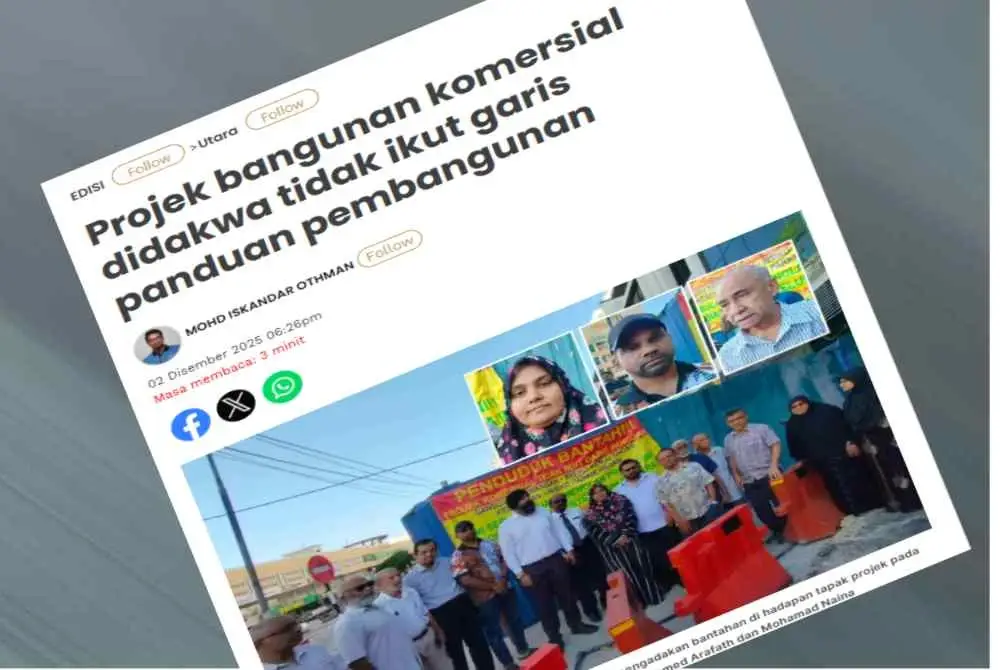 Laporan Sinar Harian pada Selasa mengenai projek pembangunan rumah kedai di Jalan Kampung Relau, George Town Pulau Pinang.