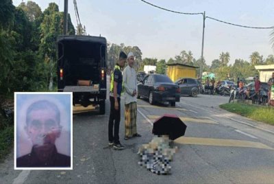 Mangsa maut apabila motosikal ditungganginya terlibat kemalangan dengan sebuah kereta di Jalan Batu Hampar, Manir pada Rabu. Gambar kecil: Awang Mat Amin