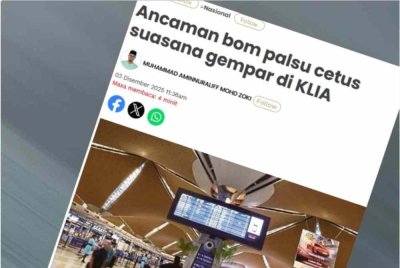 Laporan Sinar Harian pada Rabu mengenai ancaman bom palsu di KLIA. 