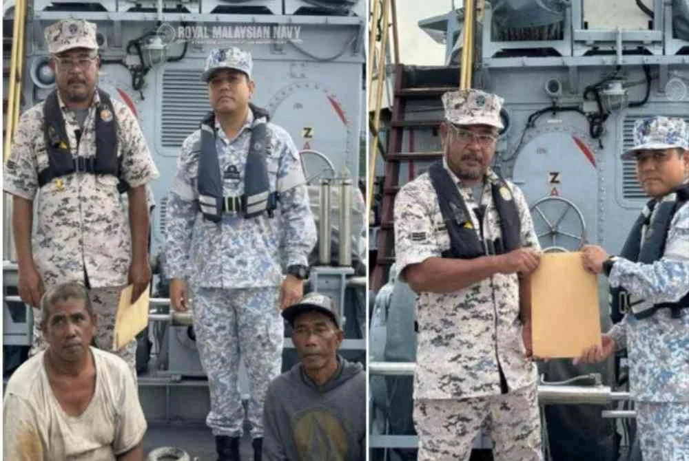 TLDM menyelamatkan dua nelayan warga Indonesia selepas bot mereka hanyut di laut berhampiran Pulau Jarak di Selat Melaka, dekat Lumut.