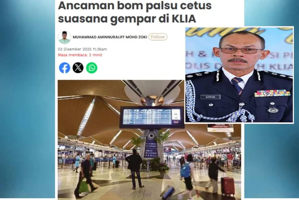 Laporan Sinar Harian pada Rabu mengenai ancaman bom palsu di KLIA dan Ketua Polis Daerah KLIA, Asisten Komisioner Azman Shari'at (Gambar kecil).