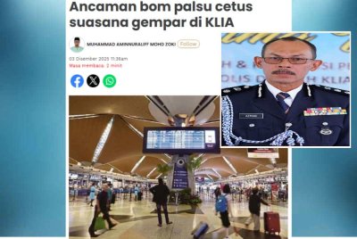 Laporan Sinar Harian pada Rabu mengenai ancaman bom palsu di KLIA dan Ketua Polis Daerah KLIA, Asisten Komisioner Azman Shari'at (Gambar kecil).