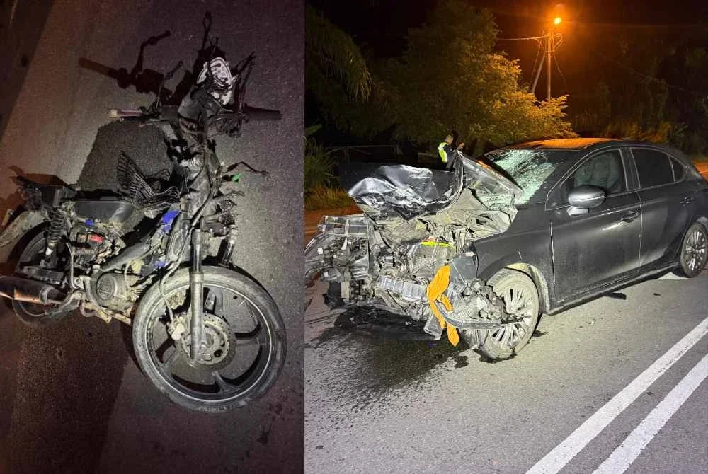 Keadaan motosikal dan kereta yang terlibat dalam kemalangan di Jalan Bentong-Raub pada Jumaat. - Foto: Polis Bentong