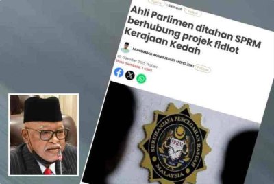 Laporan Sinar Harian pada Jumaat mengenai Ahli Parlimen ditahan SPRM berhubung projek fidlot Kerajaan Kedah. Gamabr kecil: Mohd Suhaimi 