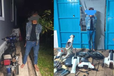 Dua daripada lima lelaki yang ditahan selepas polis melancarkan operasi khas Op Lejang pada Jumaat. Foto PDRM