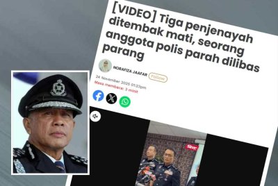 Laporan Sinar Harian baru-baru ini mengenai tiga penjenayah ditembak mati selepas seorang daripada mereka melibas parang terhadap seorang anggota polis di sebuah ladang kelapa sawit di Durian Tunggal. Gambar kecil: Mohd Khalid