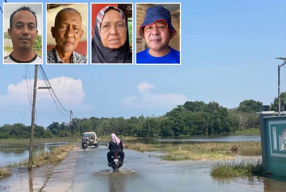 Banjir termenung masih lagi berlaku di Bendang Pak Yong, Tumpat walaupun cuaca panas terik. - Gambar kecil dari kiri Mohd Hirwan, Arifin, Aminah dan Ahmad Nashruddin,