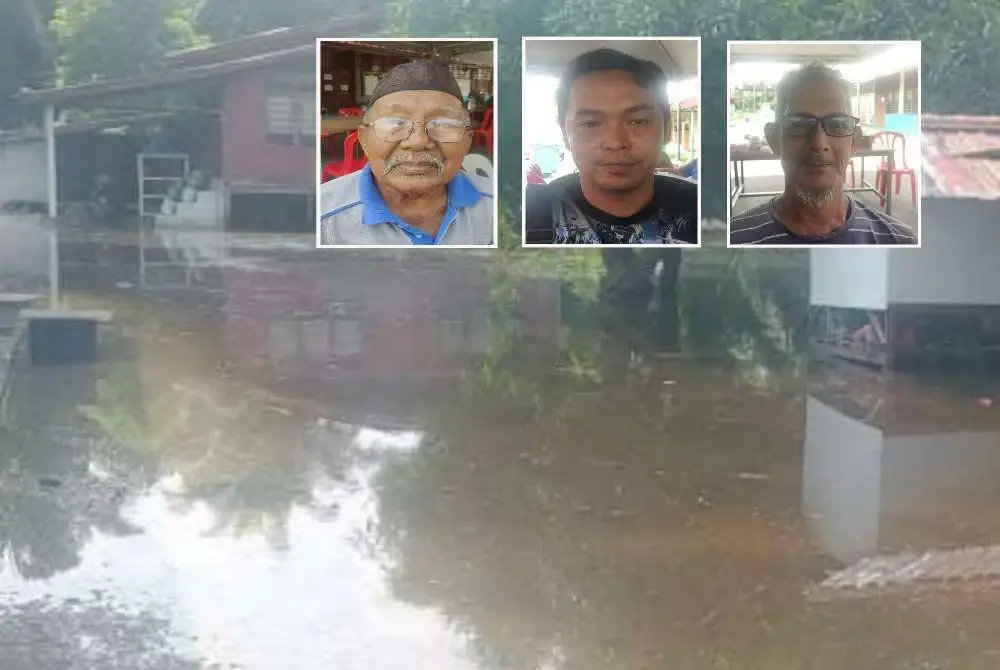 Banjir termenung melanda kawasan kediaman penduduk Kampung Asahan di sini sejak 26 November lalu. Penduduk kampung, Zainal (kanan), Junaidi (tengah) dan Arbain (kiri).