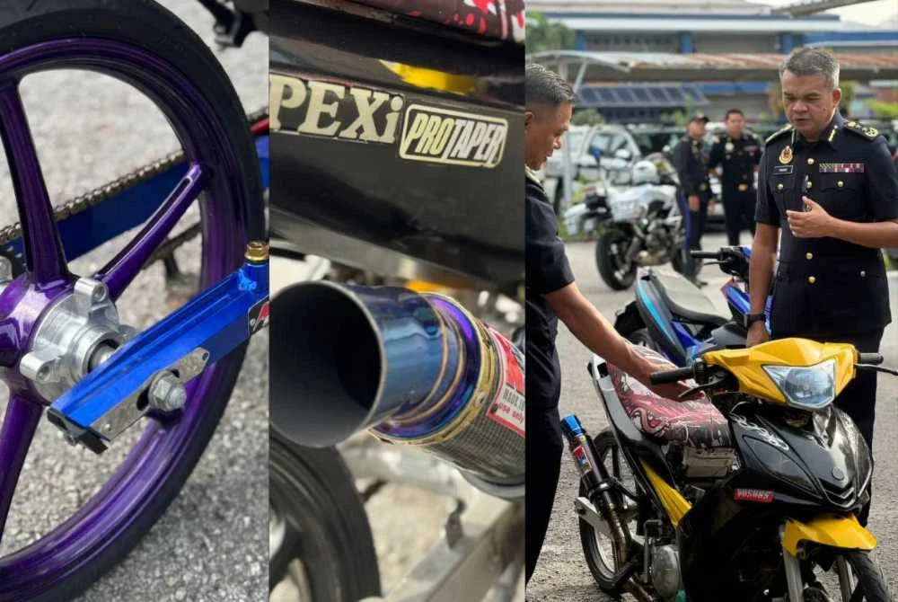 Hamidi (kanan) melihat motosikal disita yang diubah suai dan gagal memenuhi spesifikasi keselamatan
