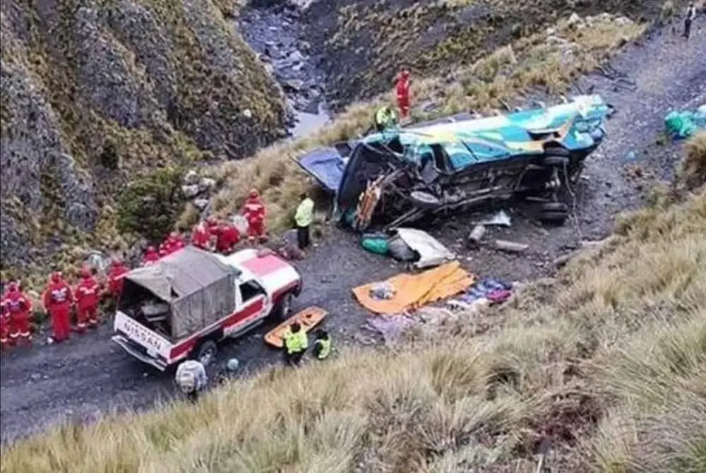 Lapan orang maut termasuk kanak-kanak dalam kemalangan bas di Jalan Yungas, La Paz. Foto X/Noticias SIN
