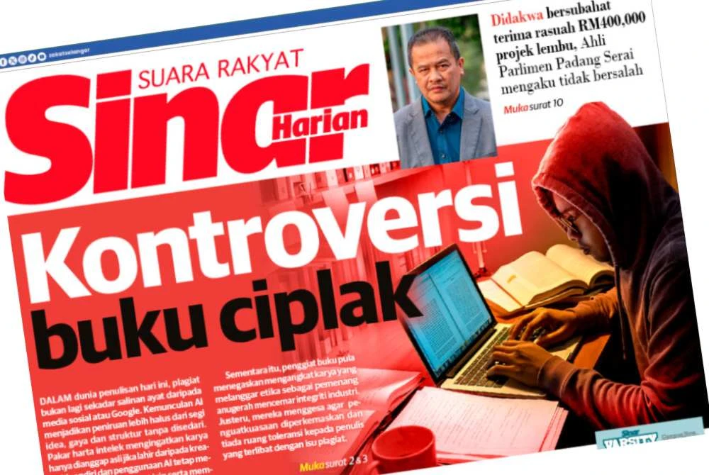 Laporan muka depan Sinar Harian pada Selasa mengenai kontroversi buku ciplak.