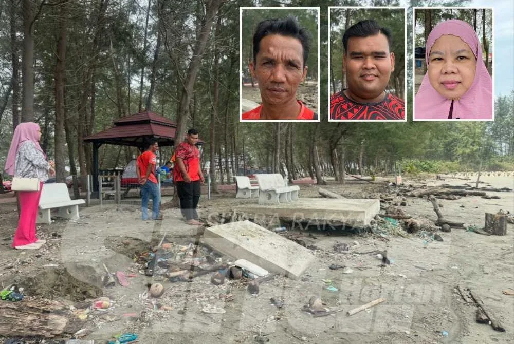 Keadaan di Pantai Kemasin selepas air pasang dan ombak menghempas persisir pantai. - Foto:SINAR HARIAN/ADILA SHARINNI WAHID Gambar kecil dari kiri Mohd Zainuddin, Mohd Rahimi dan Noraini