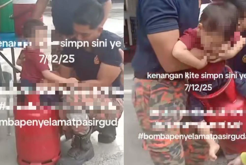 Anggota BBP Pasir Gudang.membantu mengeluarkan kaki kanak-kanak yang tersangkut celah tong gas. Foto tular