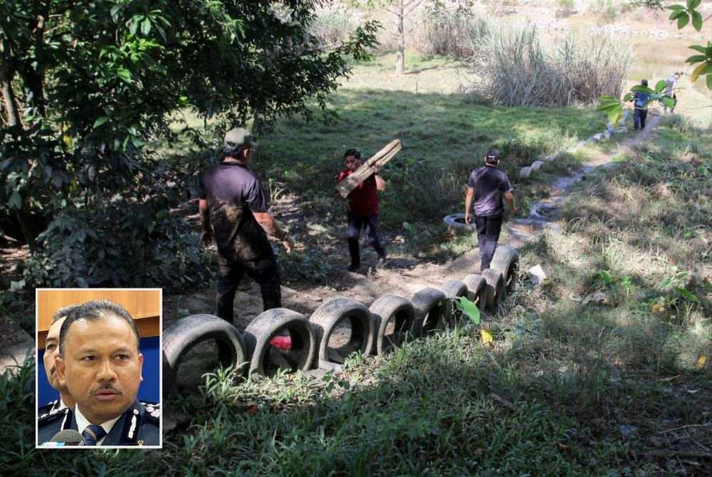 Polis Kelantan menerusi kerjasama dengan MKN, PTG dan JKR merobohkan 10 lagi pangkalan haram di Sungai Golok, Rantau Panjang pada Rabu. Gambar kecil: Mohd Yusoff.