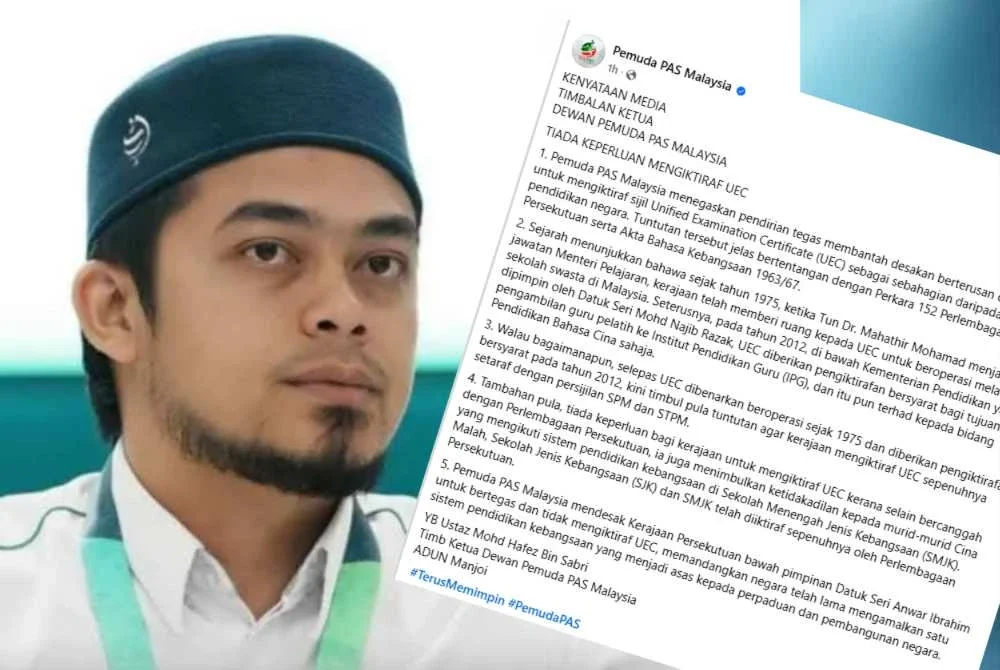 Mohd Hafez (kiri) dan kenyataan Pemuda Pas di Facebook pada Rabu mengenai UEC.
