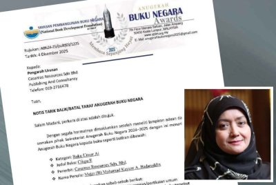 Notis penarikan balik Anugerah Buku Negara oleh Yayasan Buku Negara yang dikongsikan oleh Sri Diah (gambar kecil) di Facebook pada Rabu.