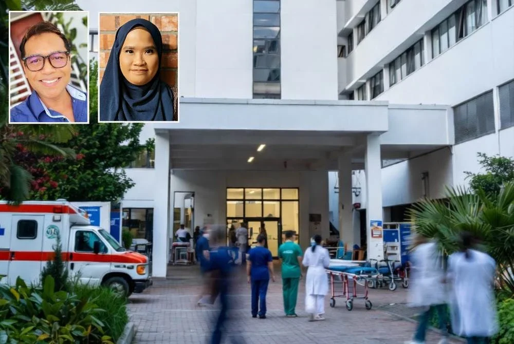 Kerajaan perlu mengawal caj hospital swasta untuk meringankan beban rakyat. Foto ini dijana AI (Gambar kecil: Rosli dan Balqis Jazimah)