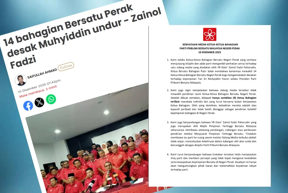 Laporan Sinar Harian pada Rabu dan kenyataan bersama Ketua-ketua Bahagian Bersatu Perak yang dikeluarkan pada Khamis.