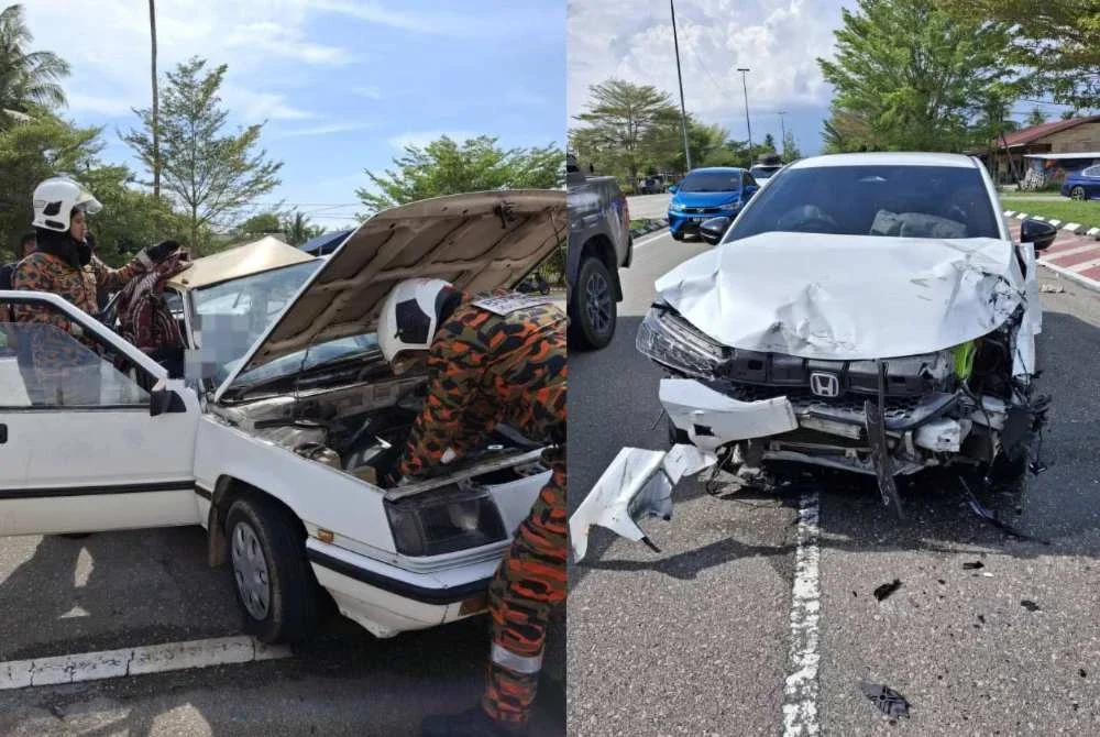 Anggota bomba mengeluarkan mangsa yang tersepit (kiri) dan keadaan kereta jenis Honda City (kanan) yang remuk di bahagian hadapan. -Foto BBP Tangkak