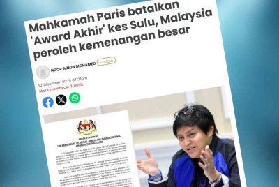 Laporan Sinar Harian pada Rabu mengenai Mahkamah Rayuan Paris yang membatalkan tuntutan AS$14.9 bilion oleh waris Kesultanan Sulu terhadap Malaysia.