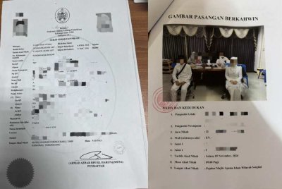 Sijil nikah suami pertama (kiri) manakala perakuan nikah suami kedua di Thailand (kanan).