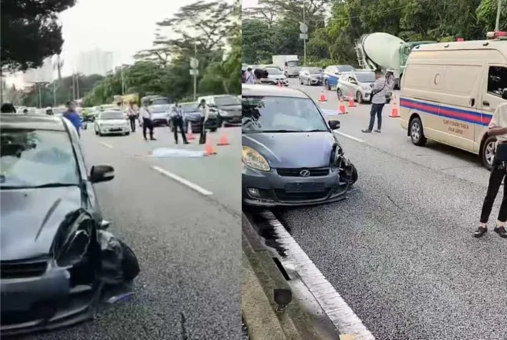 Keadaan di lokasi kemalangan membabitkan sebuah motosikal dan kereta di Jalan Istana pada Ahad.