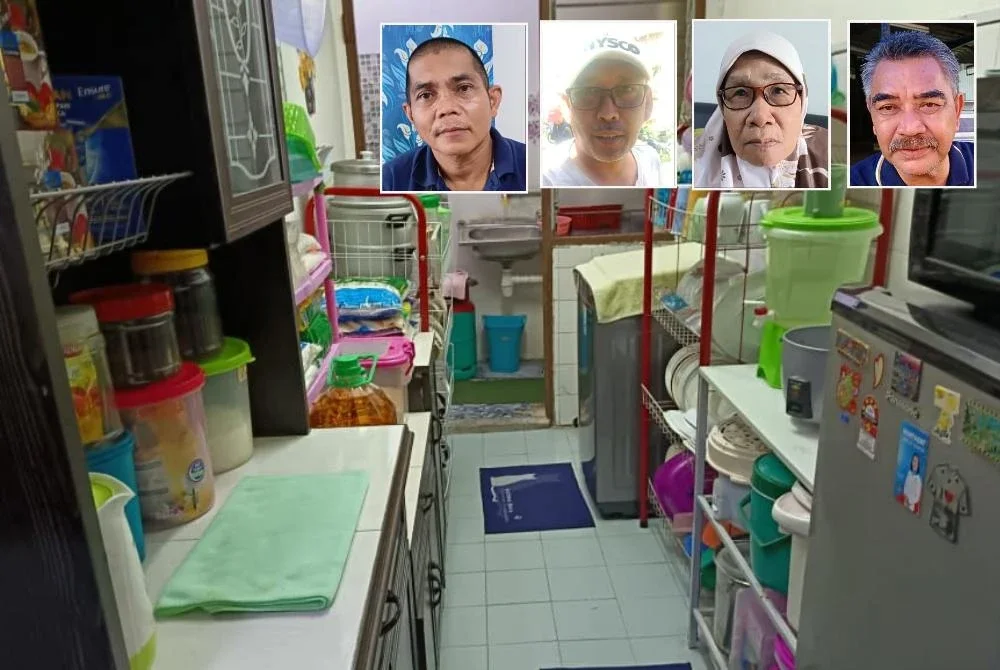 Ruang dapur kediaman Rafiah mampu memuatkan seorang individu pada satu-satu masa. Gambar kecil dari kiri: Rythani, Hazrin, Rafiah dan Mazlan. 