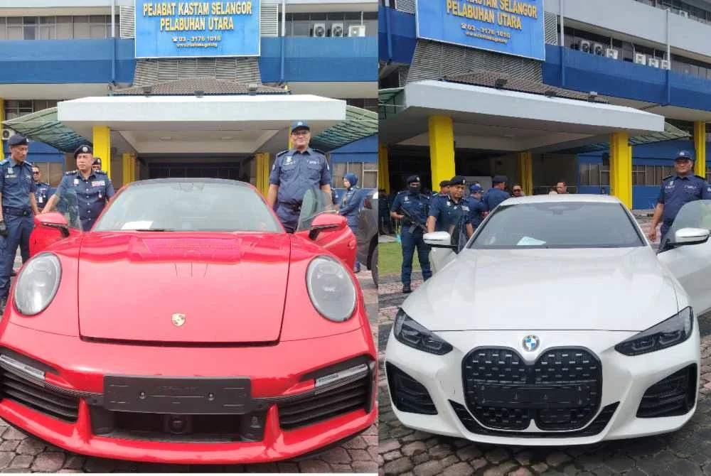 Porsche dan BMW yang disorok bersama tiga lagi kenderaan mewah di Pelabuhan Klang.