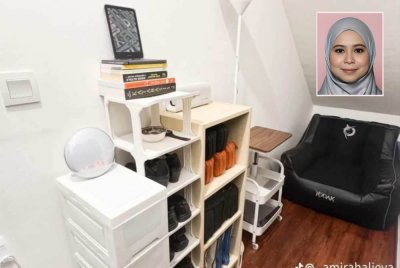 Pasangan suami isteri yang mengamalkan gaya hidup minimalis tinggal di bilik kecil hanya berkeluasan 45 kaki persegi. Gambar kecil: Dr Amirah Alieya