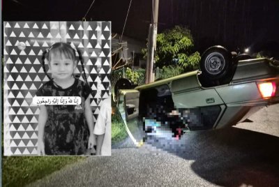  Seorang kanak-kanak perempuan maut selepas kereta dipandu datuknya terbabas sebelum terbalik di Jalan Baginda, Manjoi di sini pada Ahad.