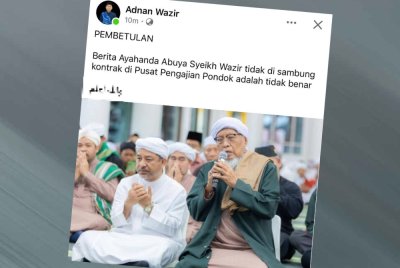 Dakwaan yang menyatakan kontrak Syeikh Wazir Che Awang Al-Makki Hafizahullah (kanan) sebagai tenaga pengajar di Pusat Pengajian Pondok Moden di Kandis, Bachok ditamatkan adalah tidak benar.