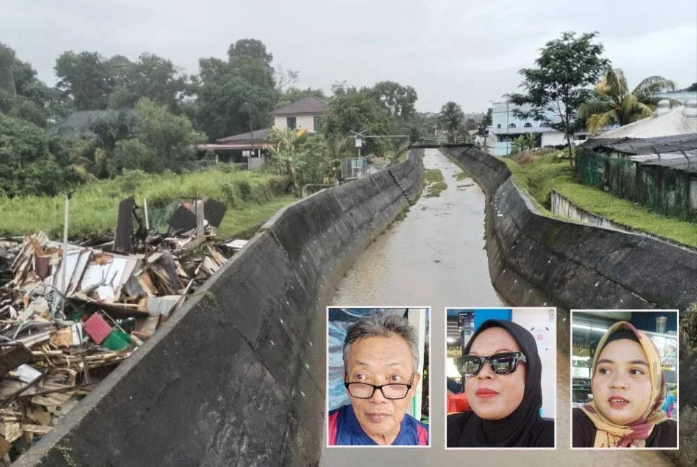 Limpahan air dari longkang besar dipercayai menjadi punca banjir kilat di Kampung Mohd Amin. Gambar kecil dari kiri: Mohd Najib, Nora dan Siti Nurfadira.