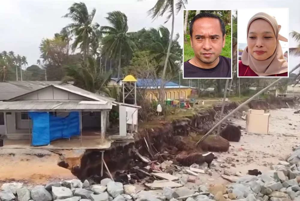 Tangkap layar video tular oleh seorang pengguna media sosial, Mohd Norisan Tahir pada Selasa menunjukkan keadaan Surau Pantai Pengkalan Maras yang semakin terancam apabila tebing pantai di hadapannya hampir sepenuhnya terhakis akibat ombak besar. Gambar kecil: Mohd Dzulfaizi dan Nor Fazilah
