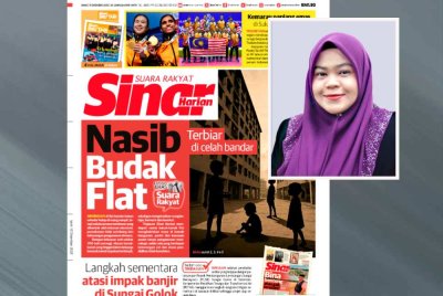 Laporan khas muka depan Sinar Harian bertajuk 'Nasib Budak Flat: Terbiar di Celah Bandar'. Gambar kecil: Asiyah