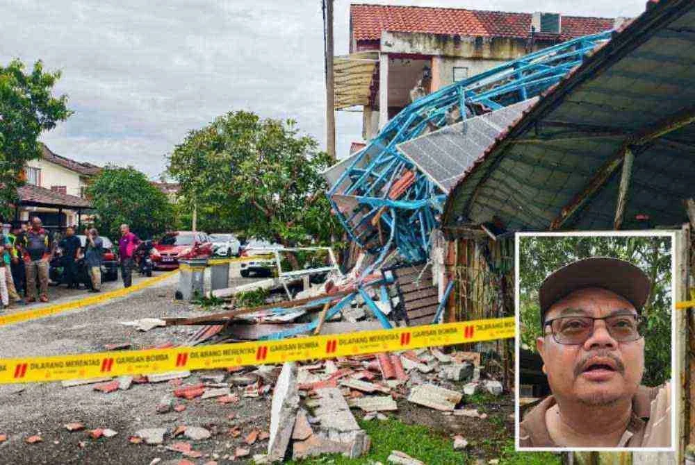 Keadaan runtuhan struktur hadapan rumah Kamal Ariffin (gambar kecil) dalam kejadian awal pagi Khamis.