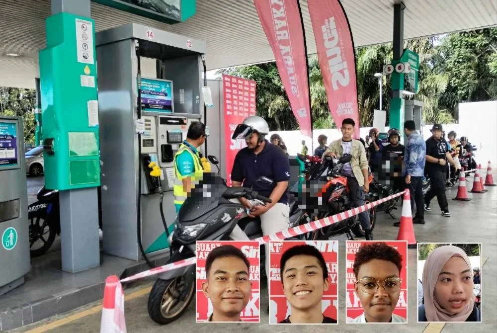 Pelajar UTM beratur bagi menunggu giliran mengisi minyak. Gambar kecil dari kiri: Mohd Shahrul Nizam. Edwin, Abdullah dan Shazlien.