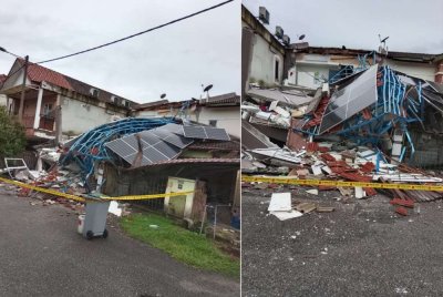 Struktur bahagian hadapan sebuah rumah teres dua tingkat di Taman Pinggiran Senawang di sini dilaporkan runtuh pada pagi Khamis mengakibatkan tiga kenderaan mengalami kerosakan.