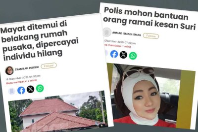 Mayat wanita tersebut disyaki berkaitan kes orang hilang yang dilaporkan di Balai Polis Ampang Jaya pada 15 Disember.