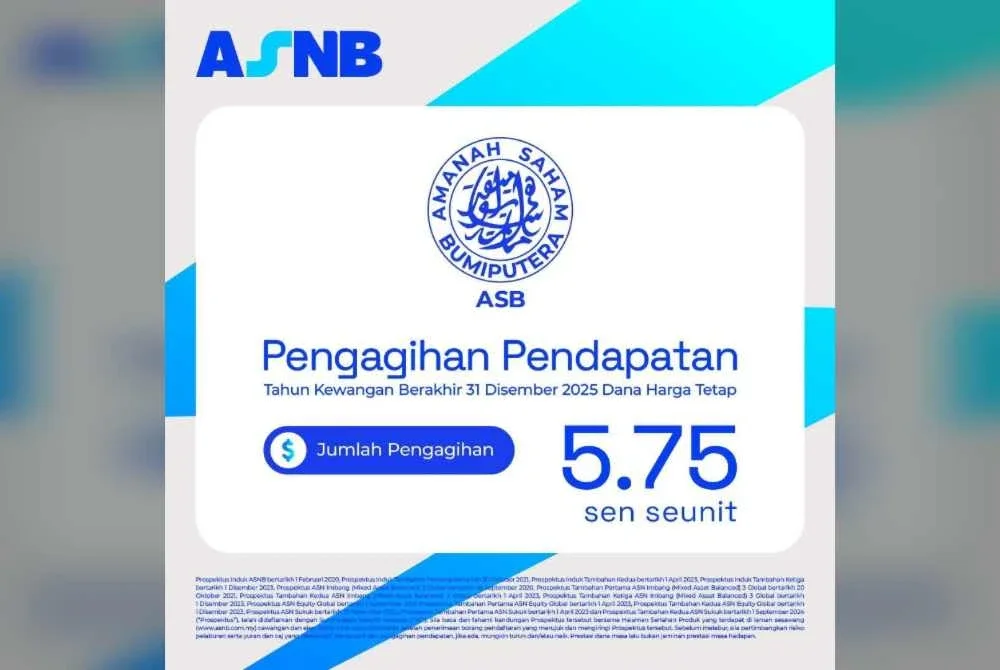ASNB umum pengagihan pendapatan 5.75 sen seunit untuk ASB tahun kewangan berakhir 31 Disember 2025.