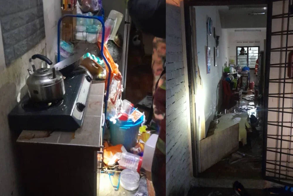 Seorang pekerja pembersihan melecur selepas dapur gas memasak meletup dalam kejadian di Taman Pagoh Jaya, Pagoh, Muar. - Foto JBPM Johor