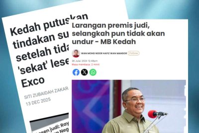 Laporan Sinar Harian berhubung ketegasan Kedah untuk tidak memperbaharui lesen premis perjudian dan loteri di negeri itu. 
