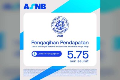 ASNB umum pengagihan pendapatan 5.75 sen seunit untuk ASB tahun kewangan berakhir 31 Disember 2025.
