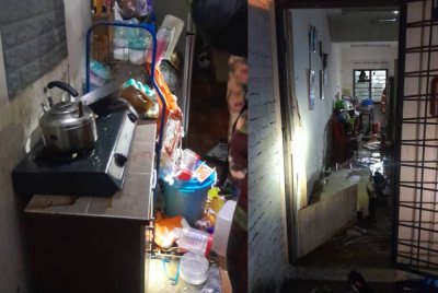 Seorang pekerja pembersihan melecur selepas dapur gas memasak meletup dalam kejadian di Taman Pagoh Jaya, Pagoh, Muar. - Foto JBPM Johor