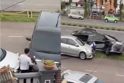 Tangkap layar tular video insiden seorang penunggang motosikal dirempuh sebuah MPV di Taman Johor Jaya.