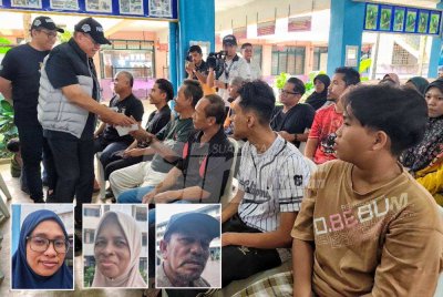 Wan Rosdy menyampaikan sumbangan kepada mangsa banjir di PPS SMK Bukit Rangin pada Jumaat. Gambar kecil dari kiri: Siti Sharmina, Fatimah dan Kamaruddin. 