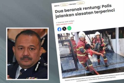 Polis menahan seorang lelaki bagi membantu siasatan berhubung kejadian kebakaran yang mengorbankan seorang wanita dan anak angkatnya di Taman Rathna, Telok Air Tawar, di sini pada 10 Disember lalu - Gambar kecil (Azizee Ismail)
