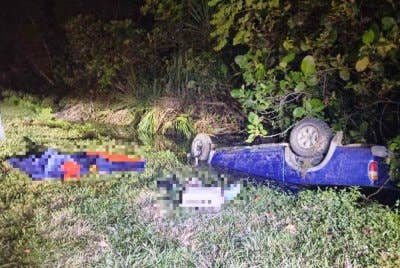 Pacuan empat roda yang dinaiki tiga beranak terbabas dan masuk ke dalam parit di Jalan Kuala Penyu-Bandau.