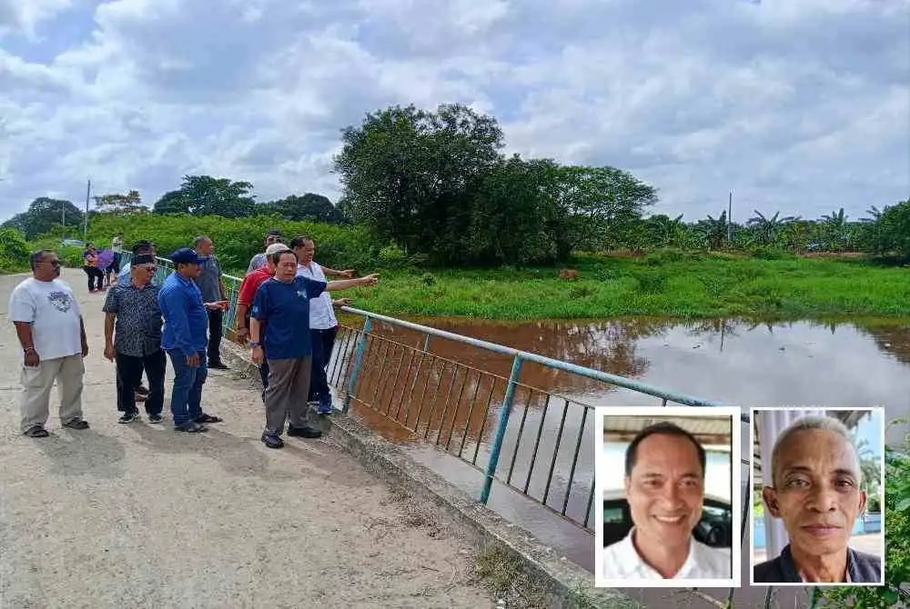 Ahmad (kanan) menunjukkan keadaan jambatan Kampung Sungai Rambai yang akan dibina baharu. Gambar kecil: Muslim (kiri), Ahmad Masi