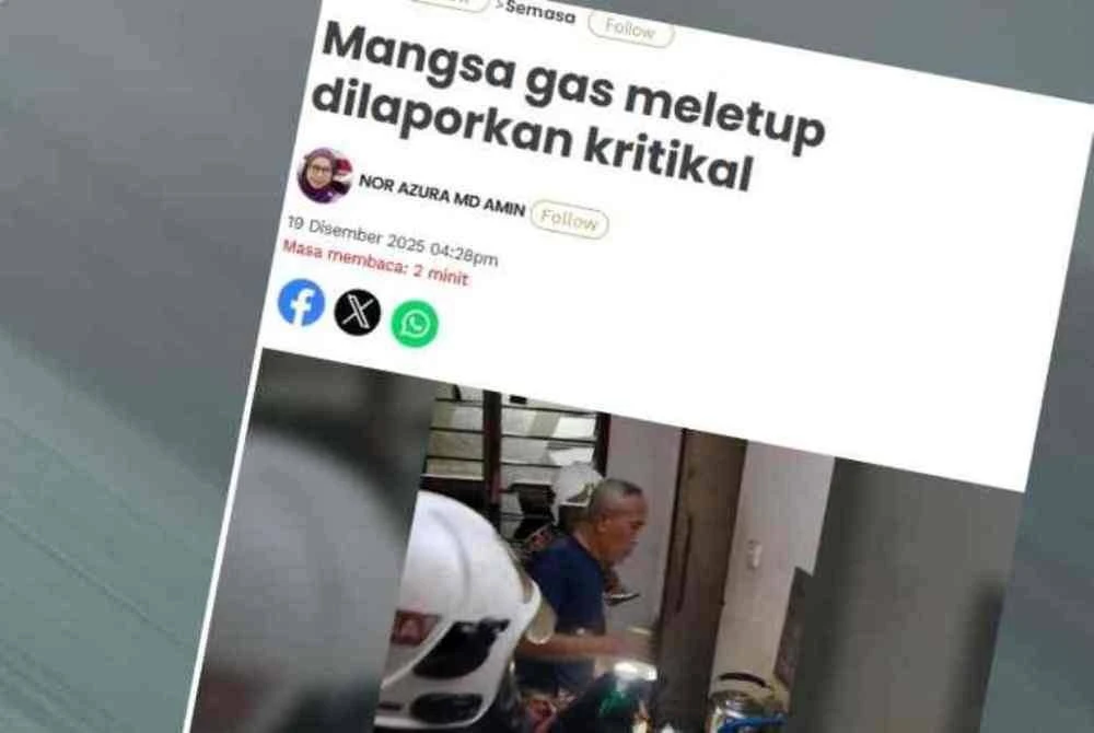 Laporan Sinar Harian mengenai mangsa kritikal apabila gas memasak yang disyaki bocor meletup di rumahnya di Taman Pagoh Jaya.